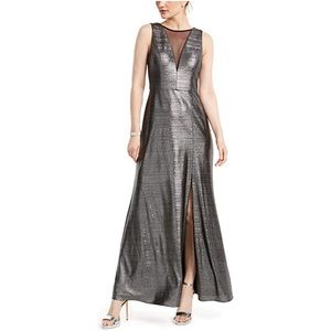 Night Way Collections | Metallic Silver Sleeveless Gown with Mesh V-Neck
